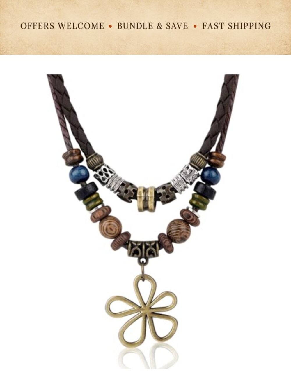 Boho Multi-Layer Wood Bead Necklace Unisex Hippie Flower Pendant